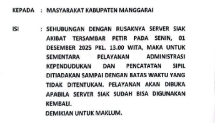Server SIAK Rusak Disambar Petir, Dukcapil Manggarai Minta Masyarakat Bersabar